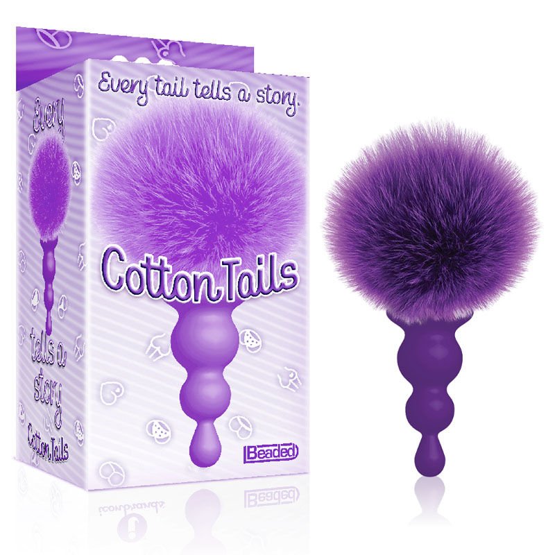The 9's cottontails, beaded butt plug - purple, Product front view and box side view | Flirtybay.com.au